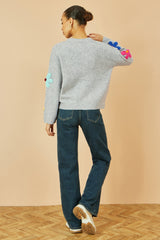Yumi Grey Knitted Flower Applique Cardigan
