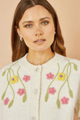 Yumi Beige Flower Embroidered Chunky Knit Cardigan