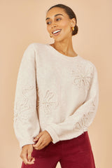 Yumi Oatmeal Knitted Jumper With Floral Applique