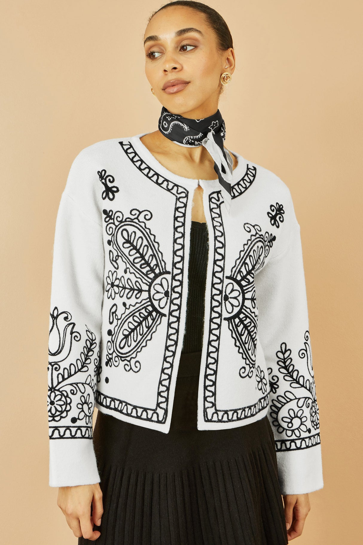Yumi Ivory Folk Embroidered Edge To Edge Cardigan