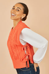 Yumi Orange Flower Cable Knit Tie Side Pullover