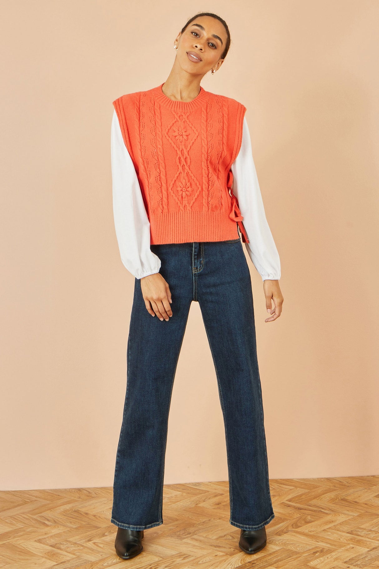 Yumi Orange Flower Cable Knit Tie Side Pullover