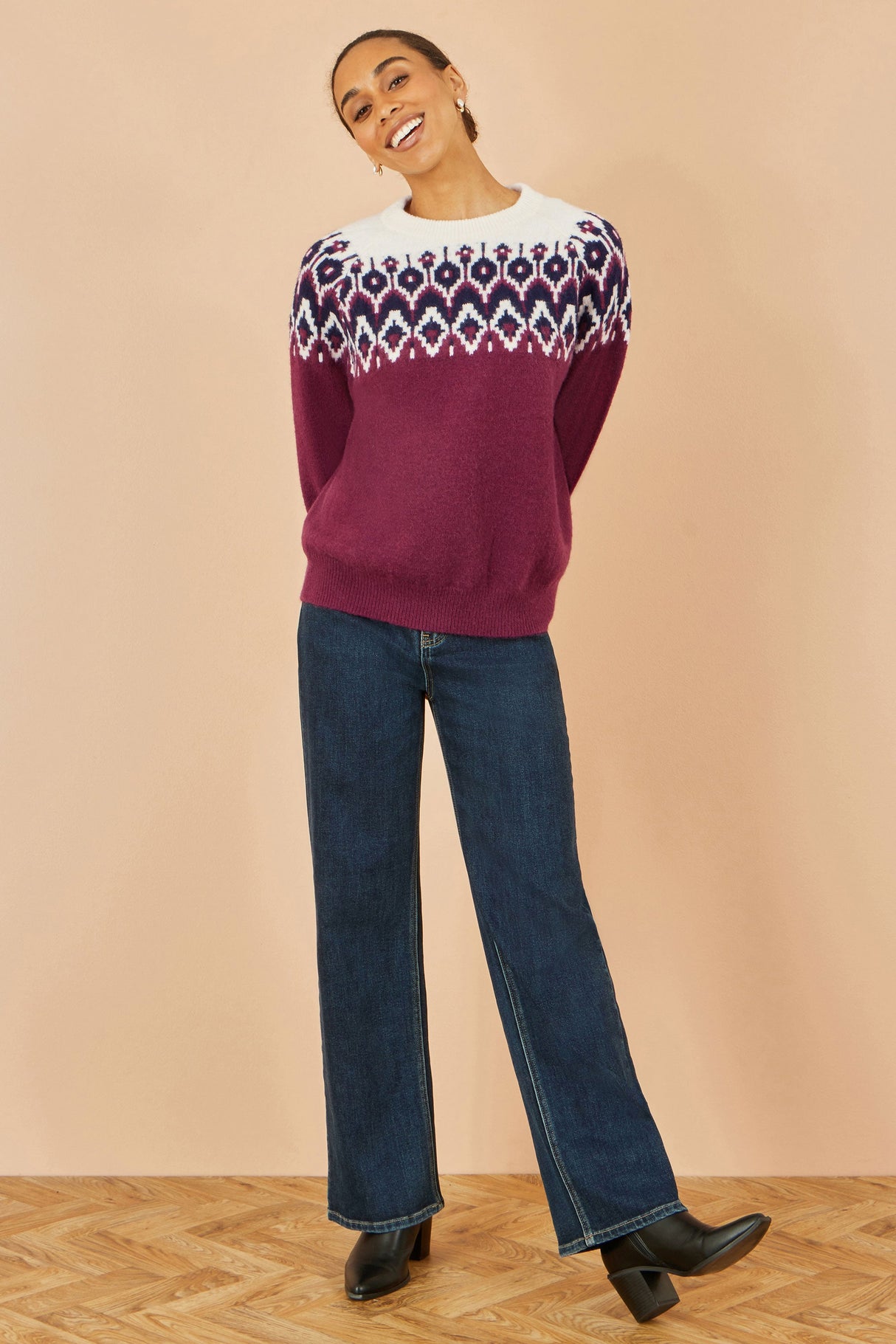 Yumi Burgundy Fair isle Relaxed Fit Knitted Jumper