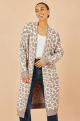 Yumi Beige Animal Print Intarsia Long Cardigan