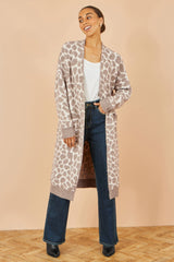 Yumi Beige Animal Print Intarsia Long Cardigan