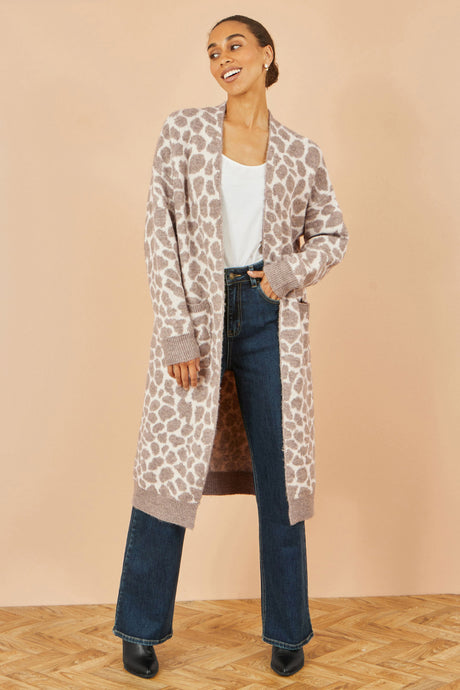 Yumi Beige Animal Print Intarsia Long Cardigan