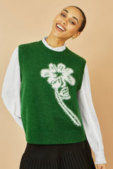 Yumi Green Knitted Flower Sleeveless Jumper Vest