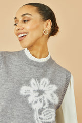 Yumi Grey Knitted Flower Sleeveless Jumper Vest