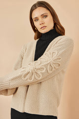 Yumi Beige Edge to Edge Cardigan With Flower Detail Sleeves