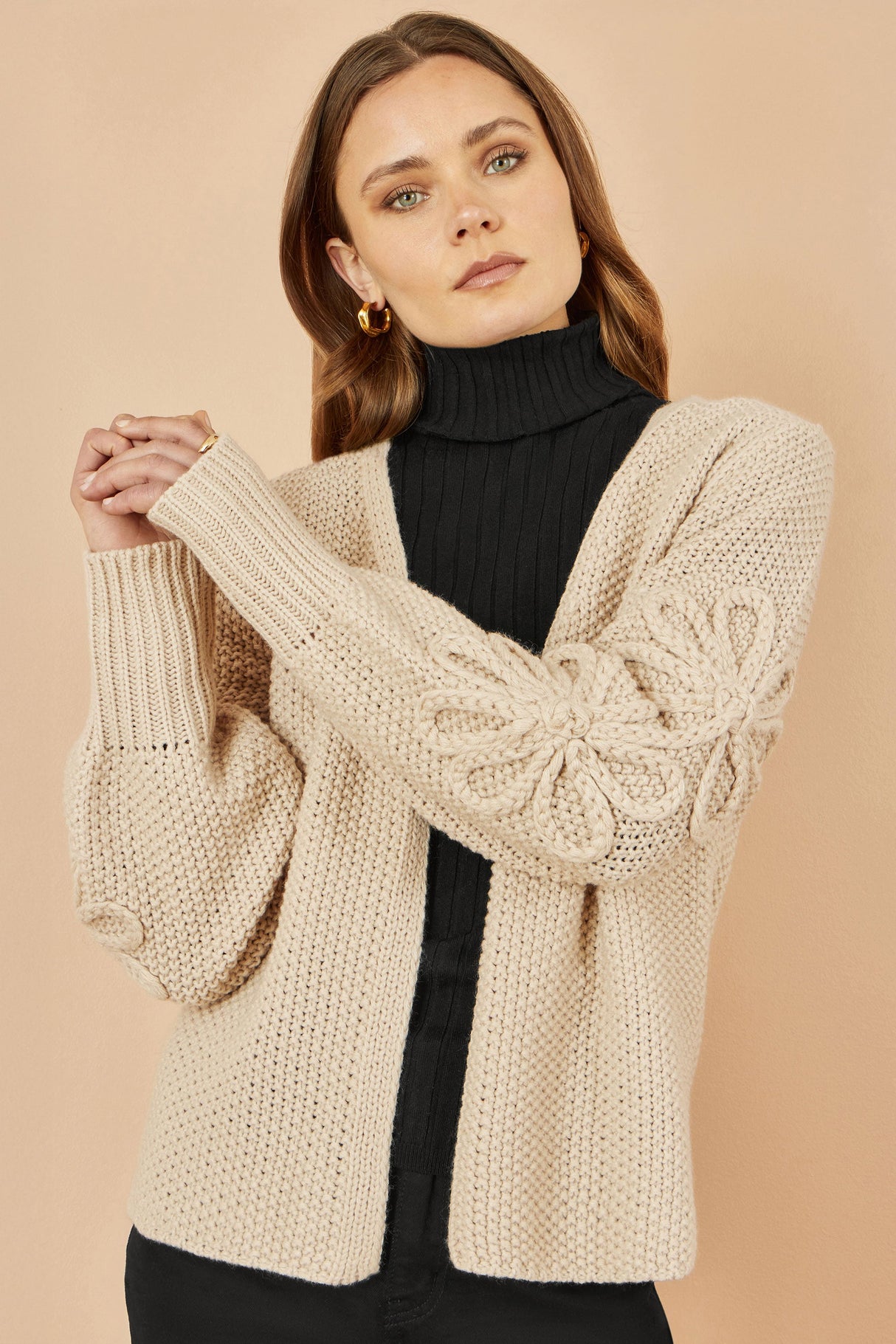 Yumi Beige Edge to Edge Cardigan With Flower Detail Sleeves