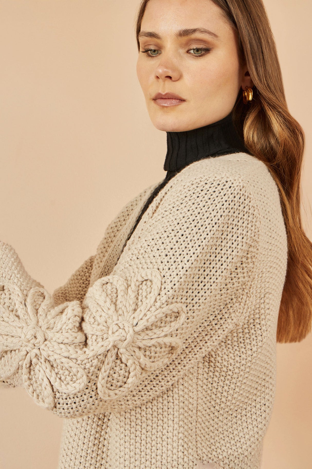Yumi Beige Edge to Edge Cardigan With Flower Detail Sleeves