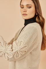 Yumi Beige Edge to Edge Cardigan With Flower Detail Sleeves
