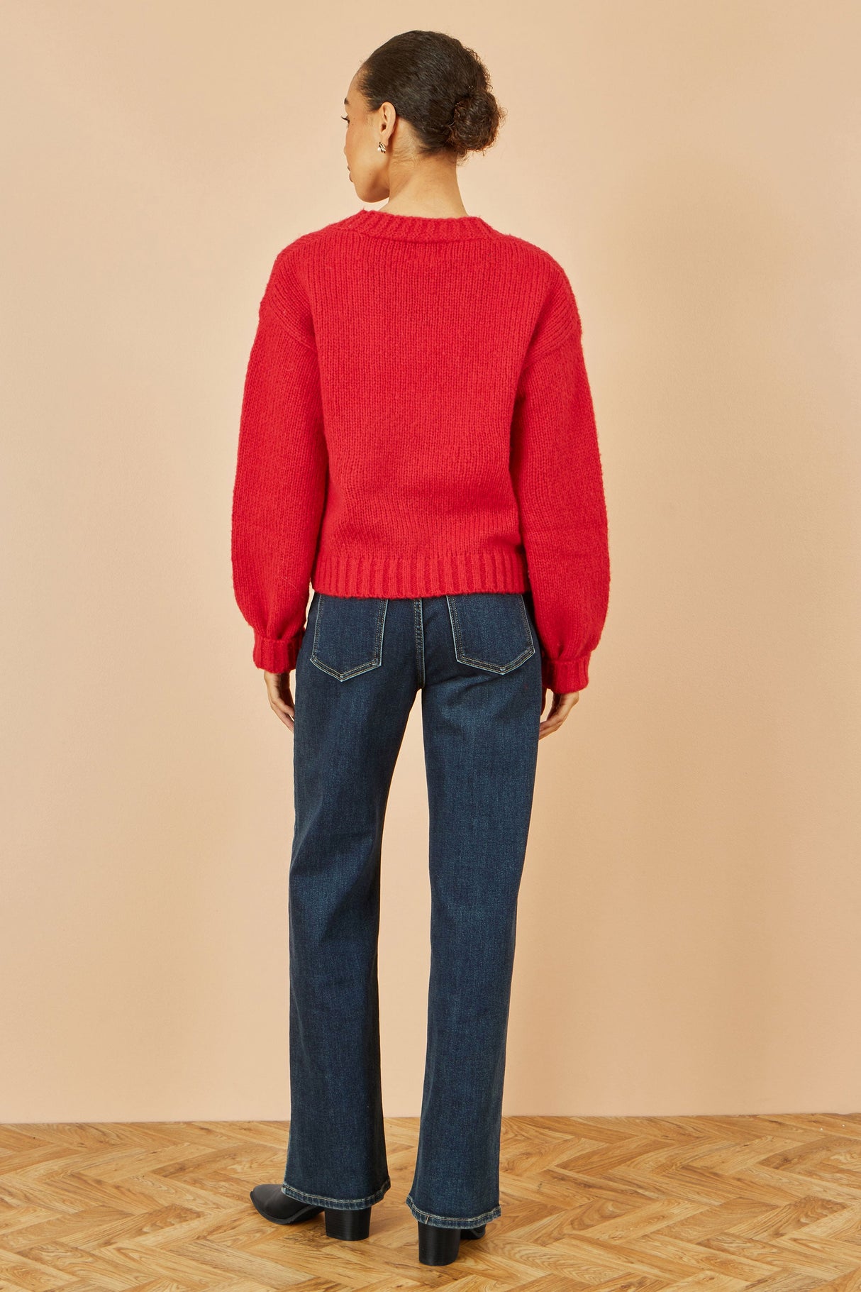 Yumi Red Hand Embroidered Chunky Knitted Cardigan