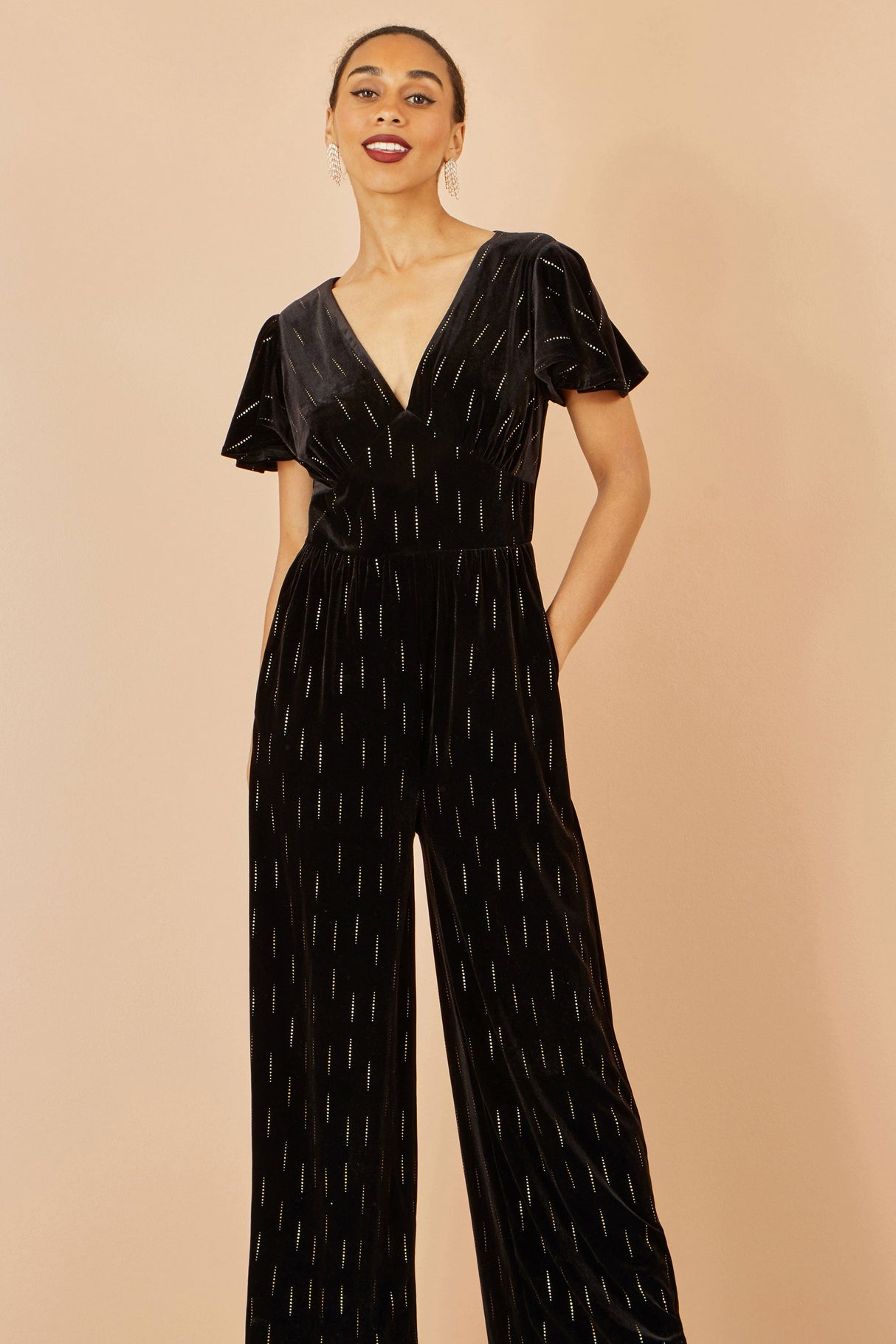 Yumi Black Foil Print Velvet Jumpsuit