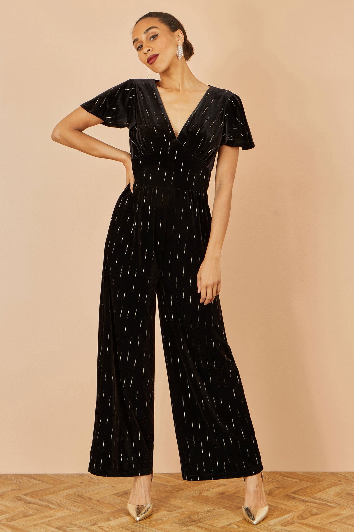 Yumi Black Foil Print Velvet Jumpsuit