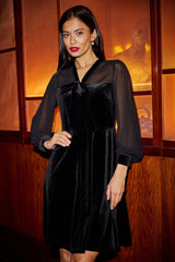 Yumi Black Velvet Pussy bow Sheer Sleeves Skater Dress