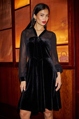 Yumi Black Velvet Pussy bow Sheer Sleeves Skater Dress