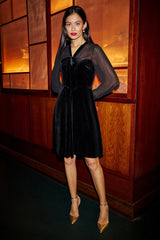 Yumi Black Velvet Pussy bow Sheer Sleeves Skater Dress