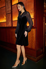 Yumi Black Velvet Pussy bow Sheer Sleeves Skater Dress