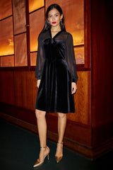 Yumi Black Velvet Pussy bow Sheer Sleeves Skater Dress
