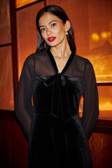 Yumi Black Velvet Pussy bow Sheer Sleeves Skater Dress