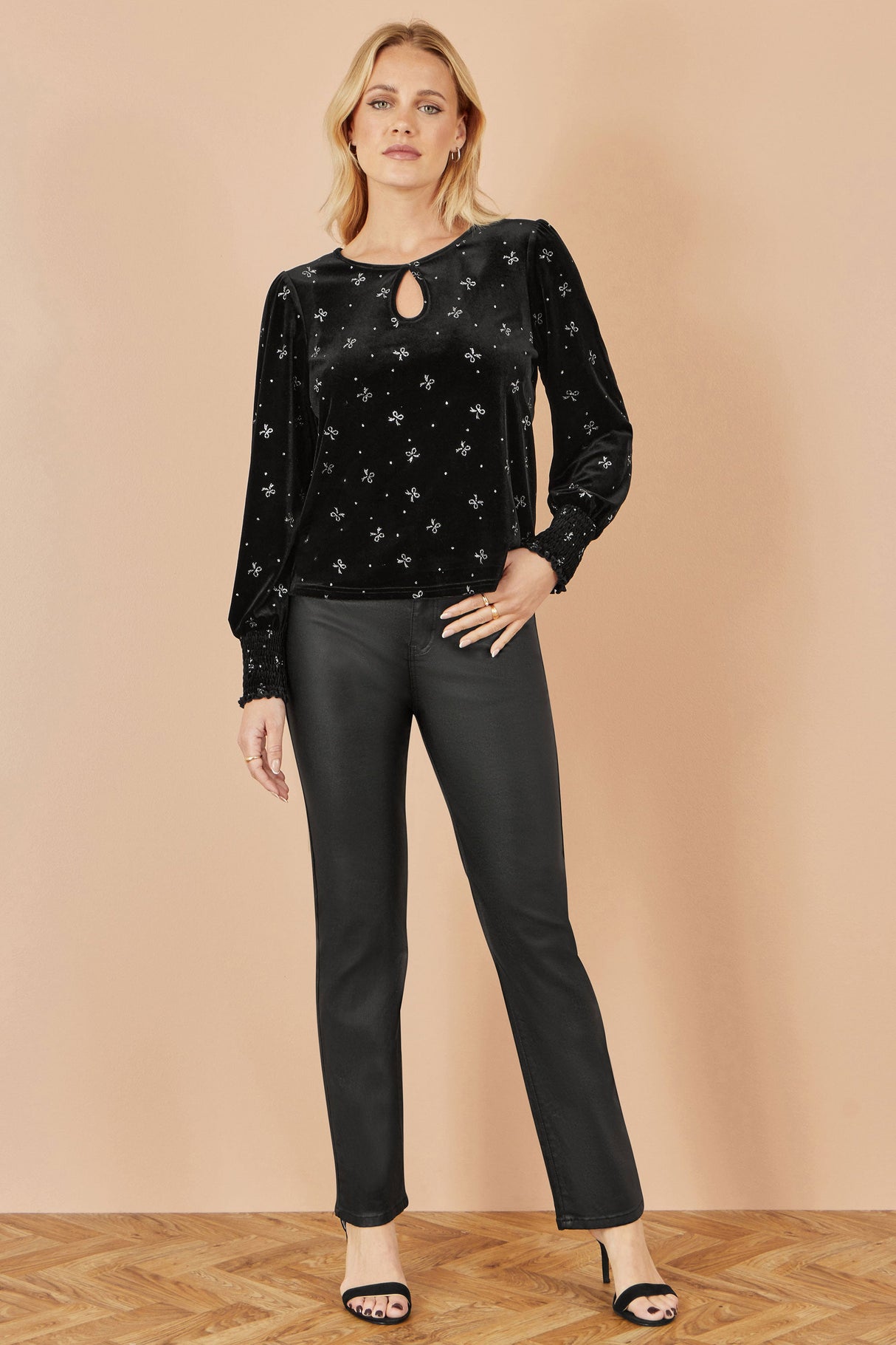 Yumi Black Sparkle Bow Print Velvet Top