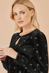 Yumi Black Sparkle Bow Print Velvet Top