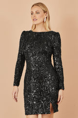 Yumi Black Sequin Long Sleeve Fitted Dress