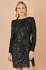 Yumi Black Sequin Long Sleeve Fitted Dress