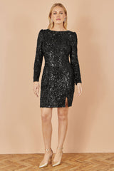 Yumi Black Sequin Long Sleeve Fitted Dress