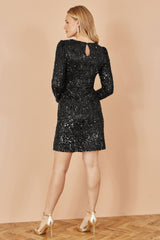 Yumi Black Sequin Long Sleeve Fitted Dress