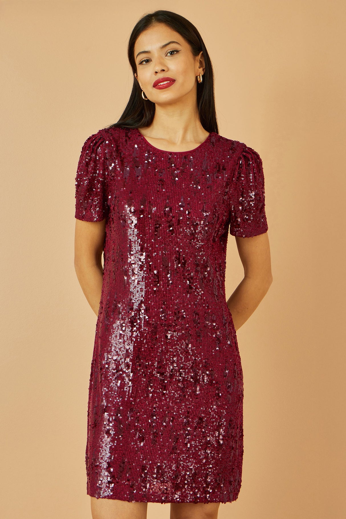 Yumi Burgundy Sequin Stretch Tunic Dress