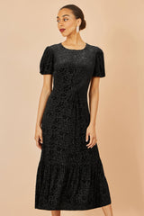 Yumi Black Floral Velour Velvet Twist Waist Midi Dress