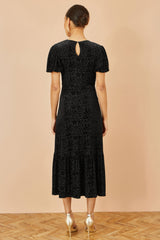 Yumi Black Floral Velour Velvet Twist Waist Midi Dress
