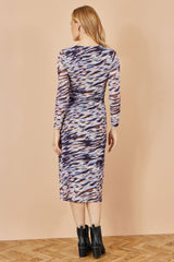 Yumi Multicolour Abstract Stripe Ruched Bodycon Midi Dress