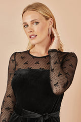 Yumi Black Velvet Skater Dress With Mesh Bow Sleeves