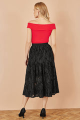 Yumi Black Mesh Applique Sequin Midi Skirt