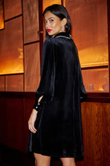 Yumi Black Long Sleeve Velvet Tunic With Diamante Collar