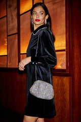 Yumi Black Long Sleeve Velvet Tunic With Diamante Collar