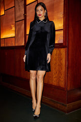 Yumi Black Long Sleeve Velvet Tunic With Diamante Collar