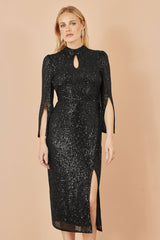 Yumi Black Sequin Fitted Midi Dress With Flute Sleeves