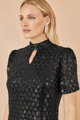 Yumi Black Sequin Tunic Dress with Chevron Pattern & Keyhole Neckline