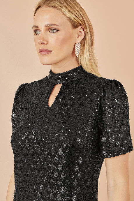 Yumi Black Sequin Tunic Dress with Chevron Pattern & Keyhole Neckline