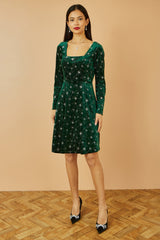 Yumi Green Starburst Foil Print Long Sleeve Skater Dress