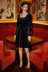 Yumi Black Starburst Foil Print Long Sleeve Skater Dress