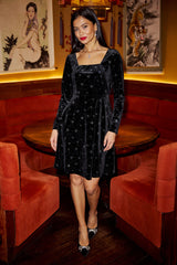 Yumi Black Starburst Foil Print Long Sleeve Skater Dress