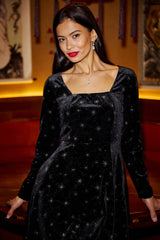 Yumi Black Starburst Foil Print Long Sleeve Skater Dress