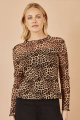 Yumi Brown Leopard Print Mesh Stretch Fitted Top