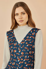 Yumi Navy Fox Long Sleeve Layered Tunic Dress With Front Pocket