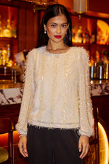 Yumi Ivory Hanging Sequin Long Sleeve Top